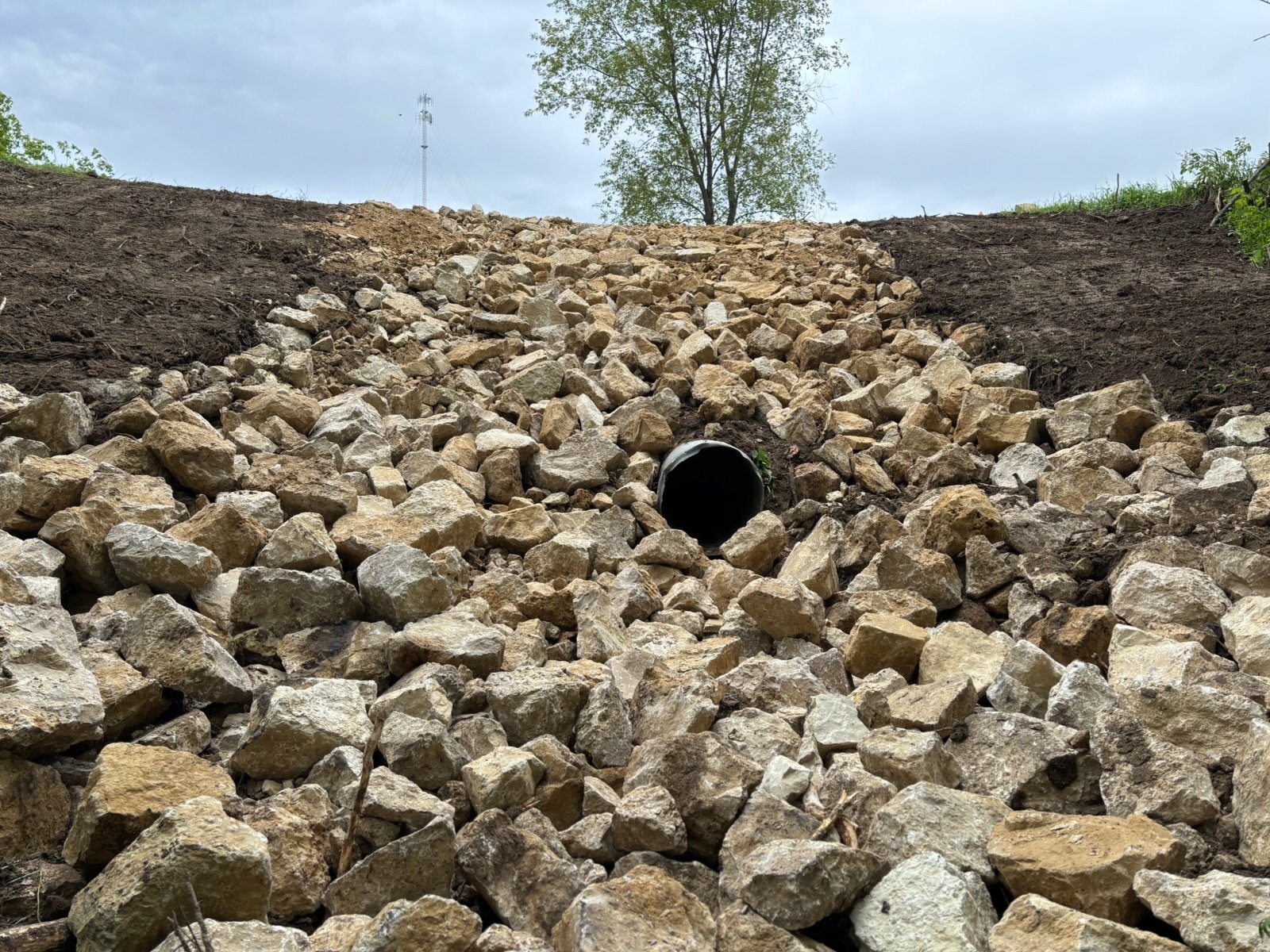 Culvert drainage protected with riprap stone